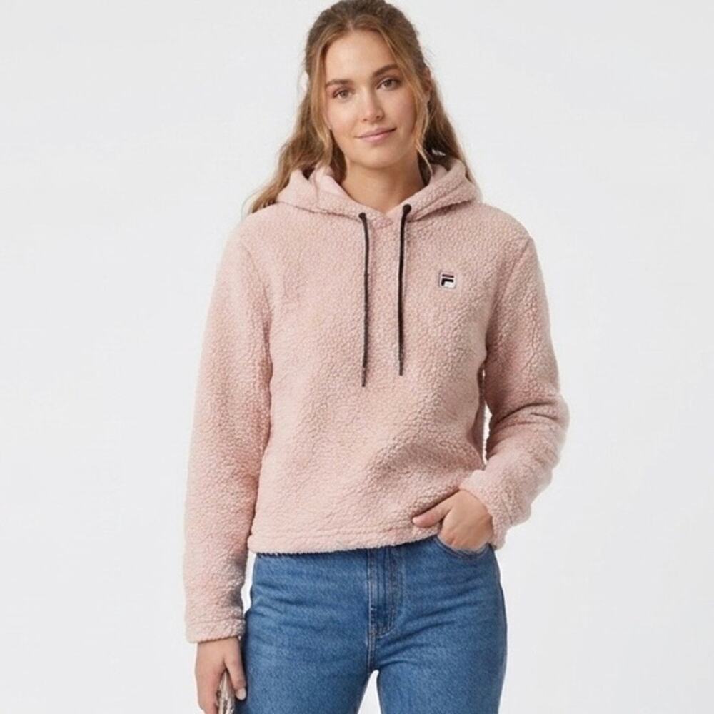 Fila Women's Josephine Sherpa Crop Hoodie S Fleece Pink Long Sleeve Sweatshirt